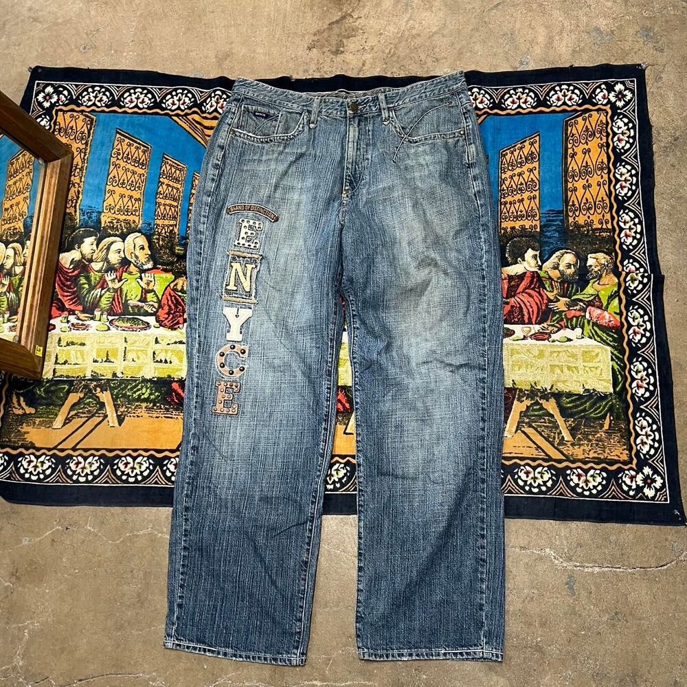 Baggy ENYCE blue jeans Size 38 embellished rhinestones wide leg skater y2k punk